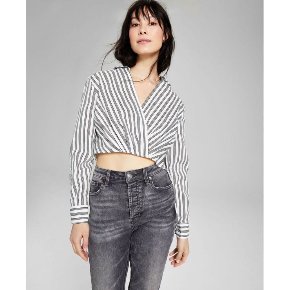 And Now This Now This Womens Cotton Faux Wrap Crop Top